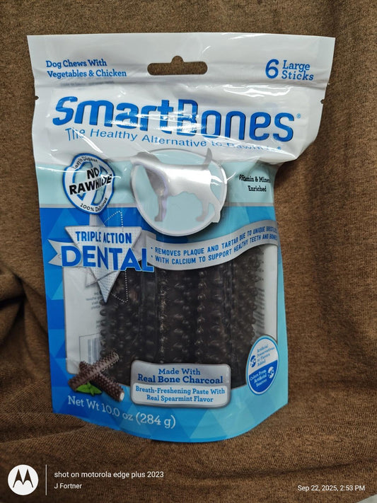 SmartBones dental sticks for dogs, made with real bone charcoal, promoting dental health.