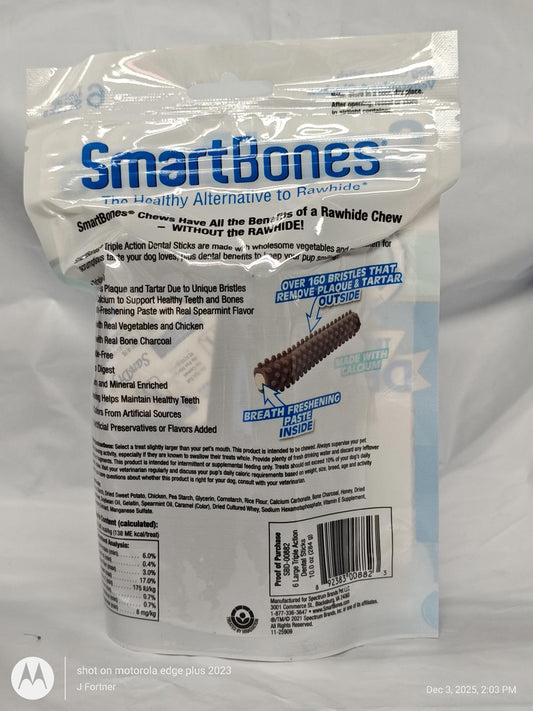 SmartBones healthy alternative to rawhide chews, featuring a resealable bag and nutritional information.