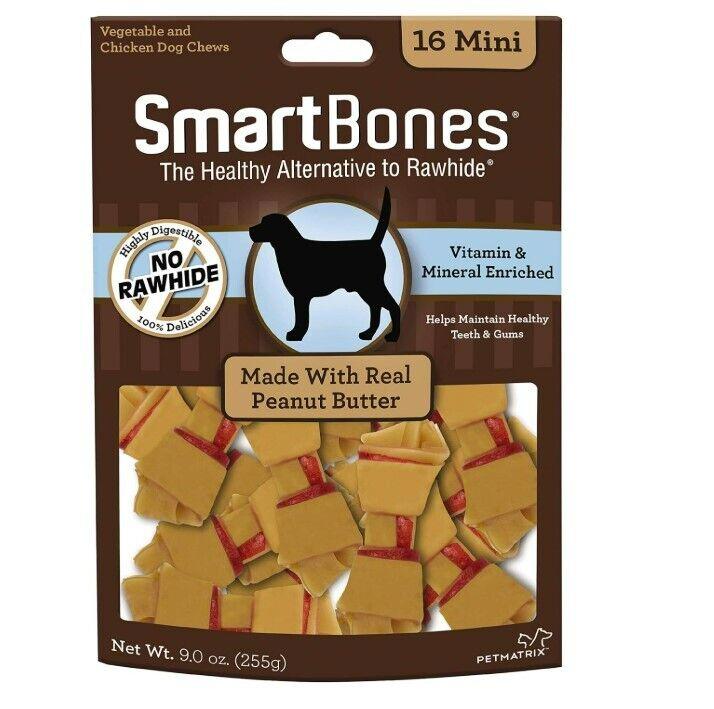 SmartBones peanut butter dog chews in a pack, enriched with vitamins and minerals.