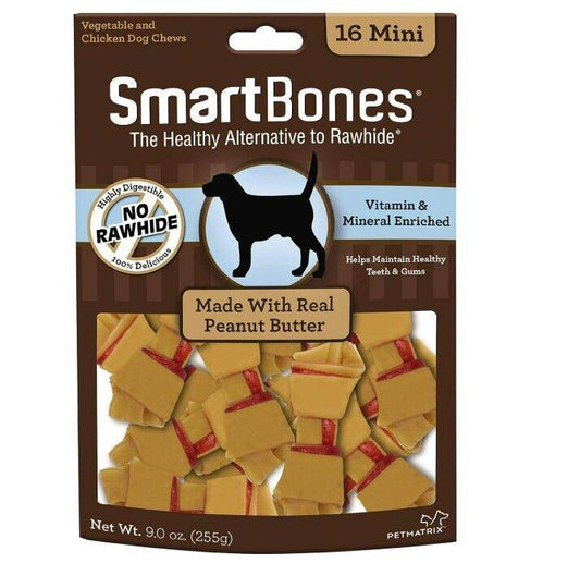 SmartBones peanut butter dog chews in a pack, enriched with vitamins and minerals.