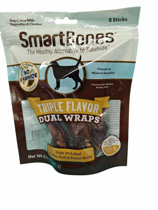 SmartBones Triple Flavor Dual Wraps dog chews made with real chicken, pork, and peanut butter.