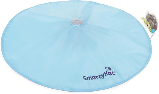 SmartyKat play mat in light blue with a feather toy attached for interactive pet fun.