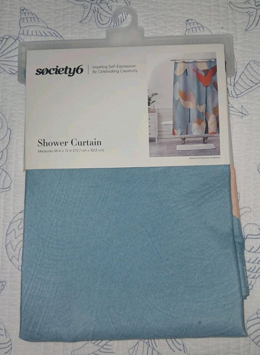 Society6 shower curtain featuring a blue and peach design, perfect for modern bathrooms.