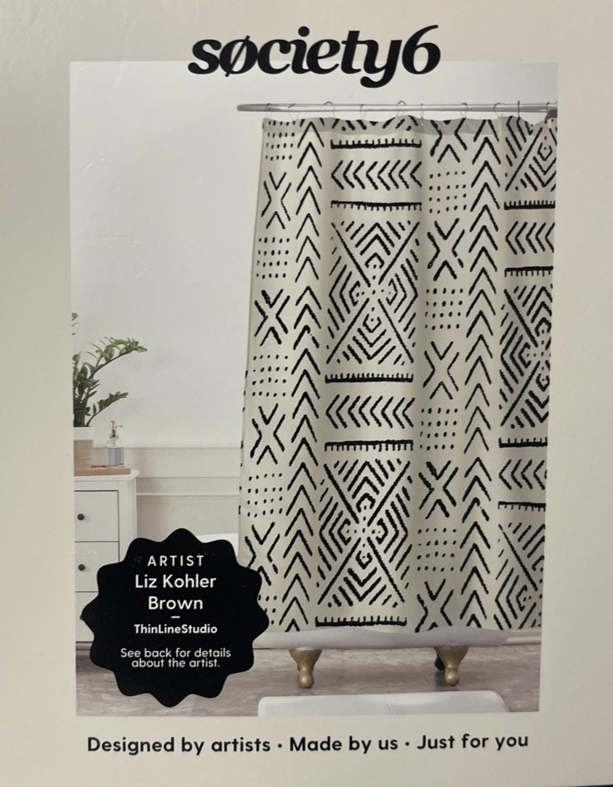 Society6 shower curtain designed by Liz Kohler Brown featuring geometric patterns.