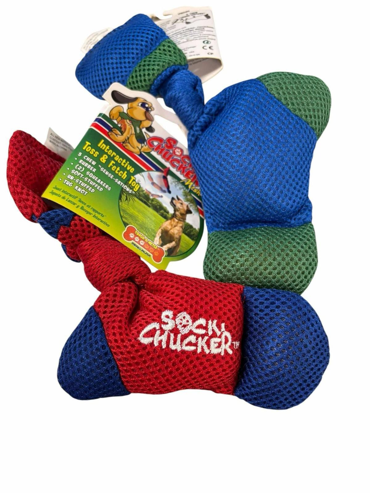 Sock Chuckers interactive toy features a colorful design with blue, green, and red sections for dogs.