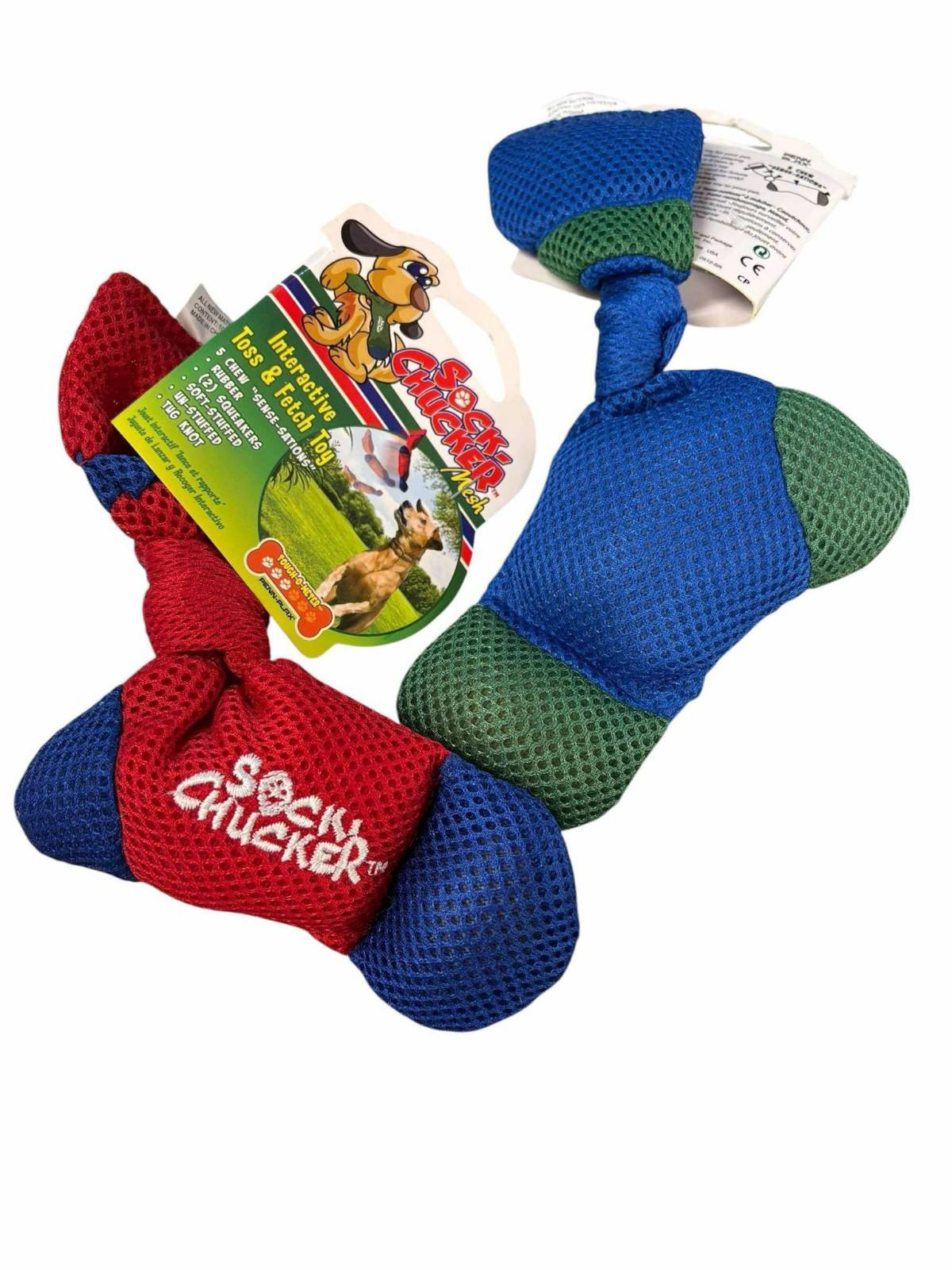 Sof' Chucker dog toy featuring a durable design with red, blue, and green colors for interactive play.