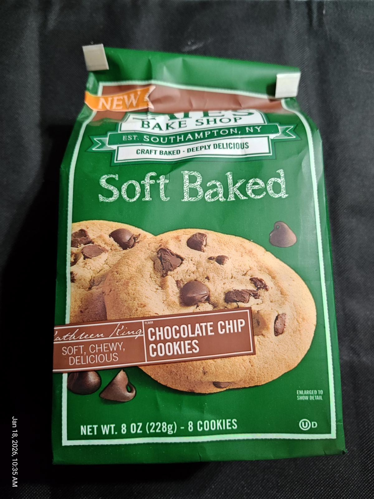 Soft Baked chocolate chip cookies in a green package, featuring soft and chewy texture.