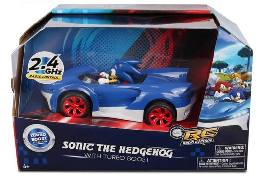 Sonic the Hedgehog RC car with turbo boost in blue and white packaging.