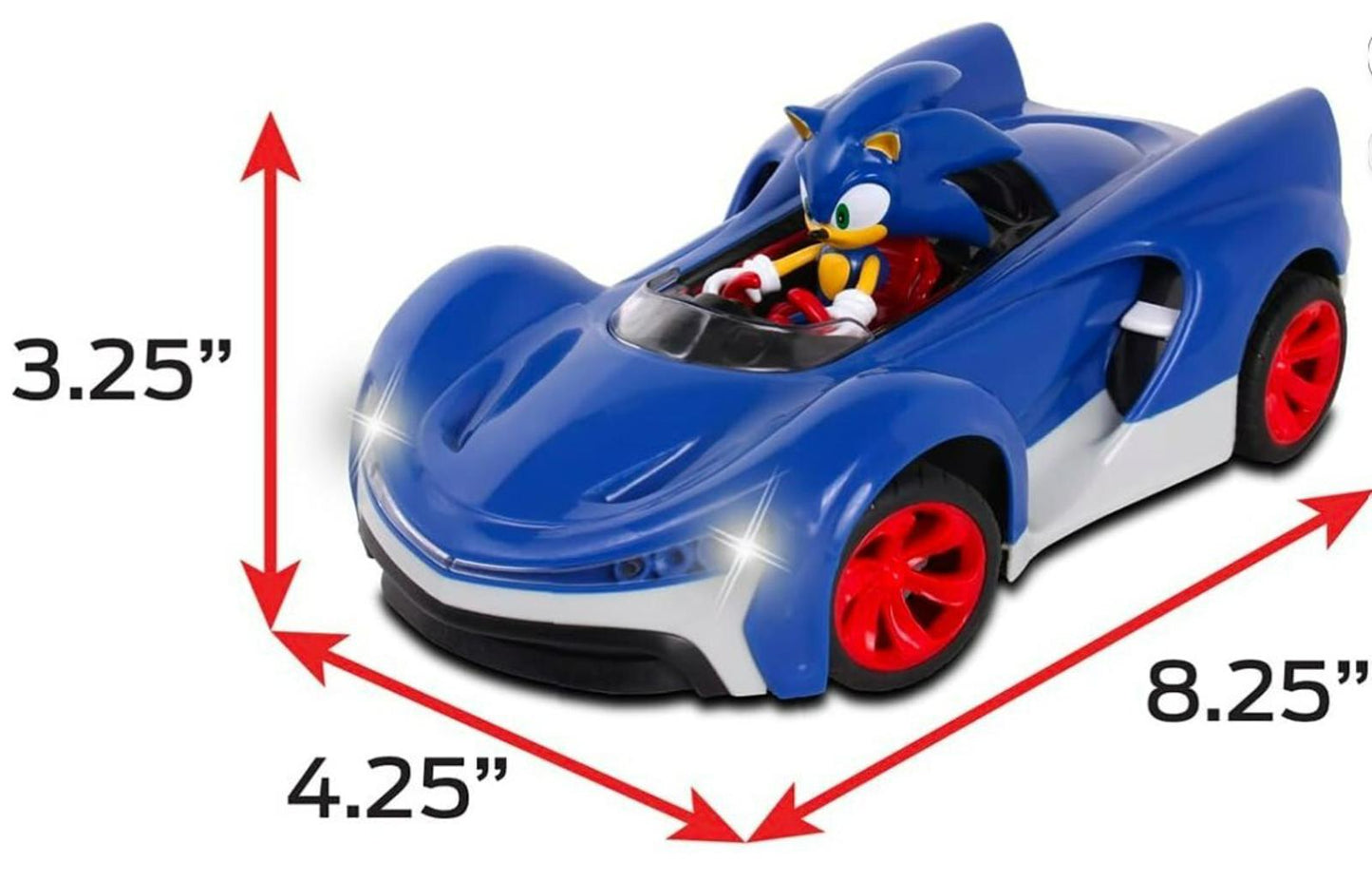 Sonic the Hedgehog toy car in blue with red wheels, measuring 3.25 inches high and 8.25 inches long.