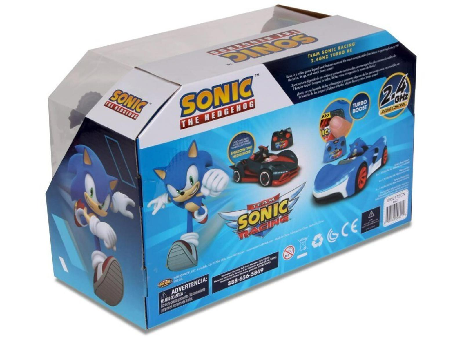 Sonic the Hedgehog toy packaging featuring Sonic and racing cars with vibrant colors.