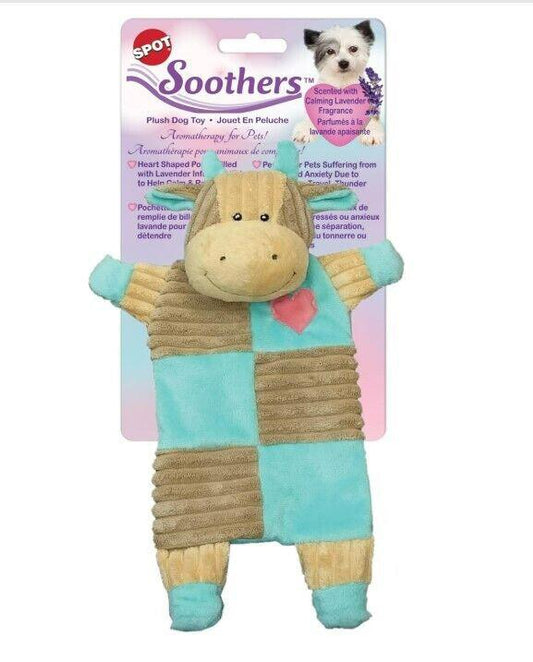Soothers plush dog toy featuring a cute horse design in blue and tan colors.