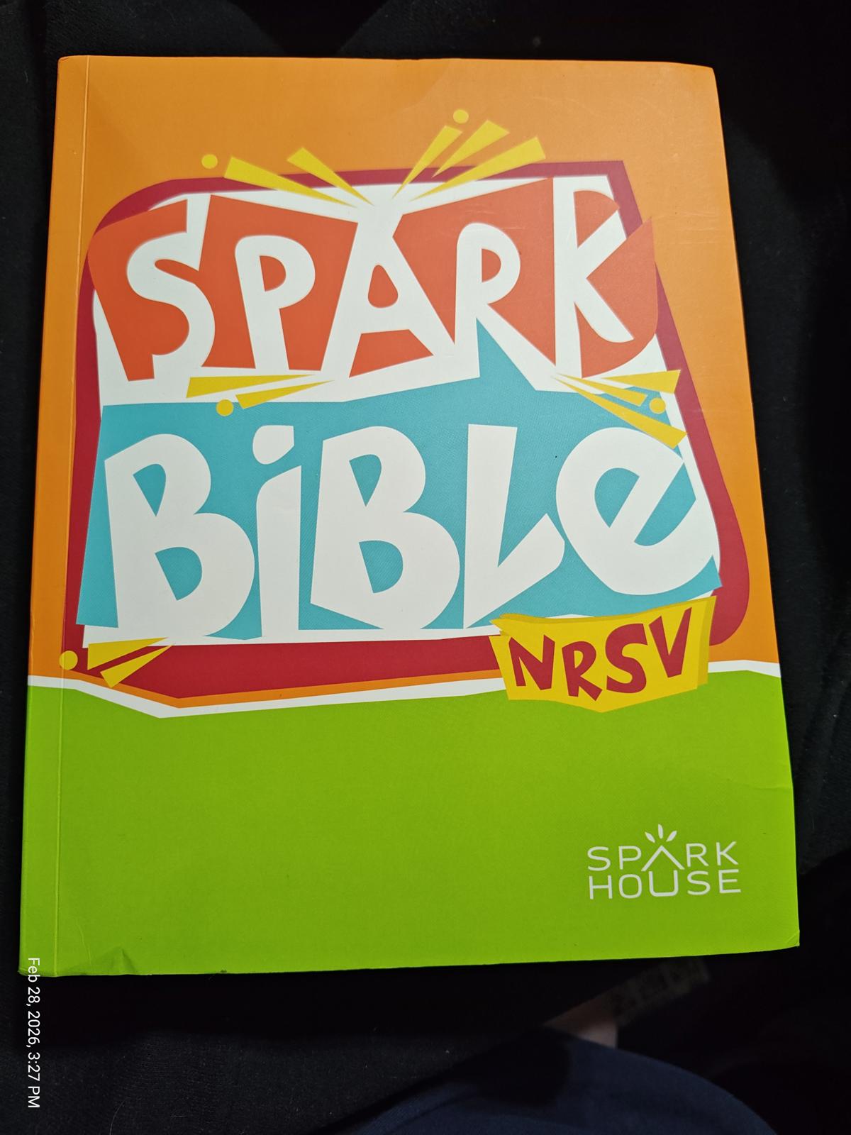 Spark Bible NRSV with colorful cover design featuring bright orange and green colors.