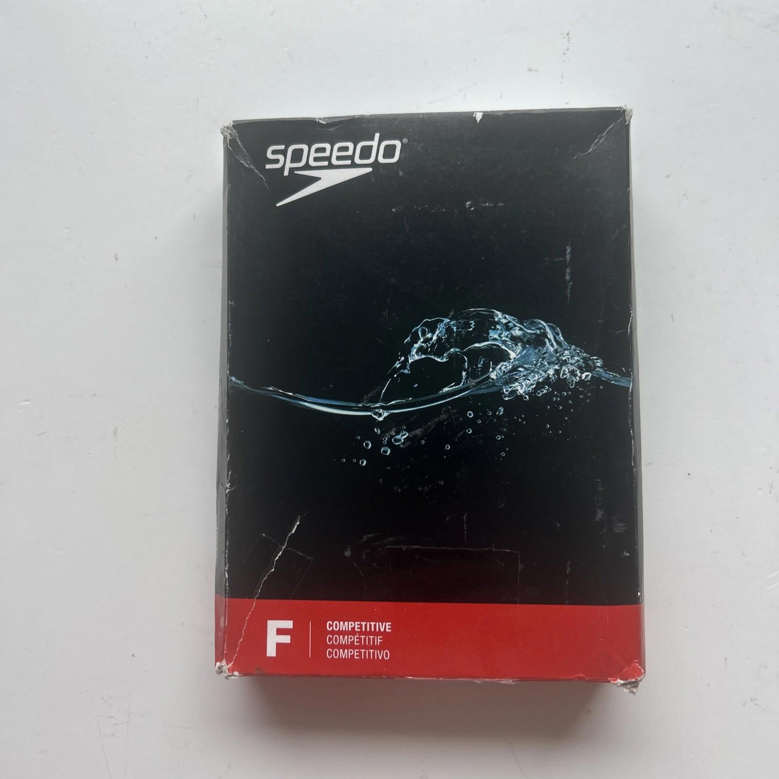 Speedo competitive swim cap packaging featuring water splash design.