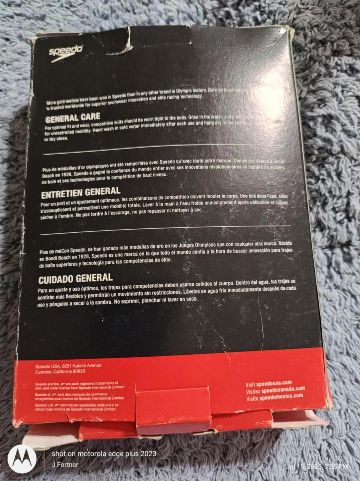 Product packaging for Speedo swim gear with care instructions and branding details.