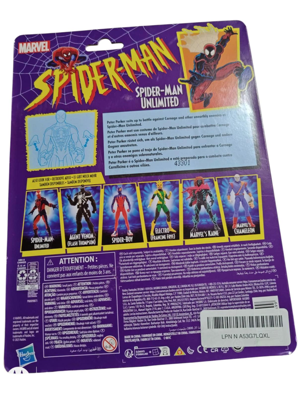 Spider-Man Unlimited action figure packaging featuring various Spider-Man characters and details.