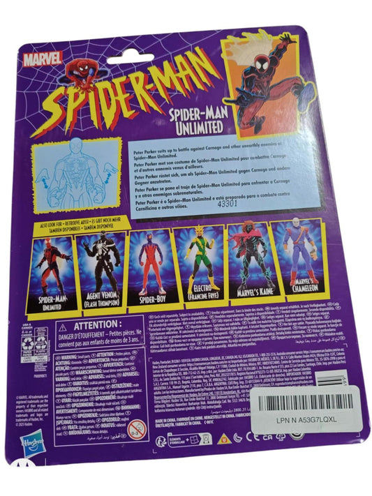 Spider-Man Unlimited action figure packaging featuring various Spider-Man characters and details.