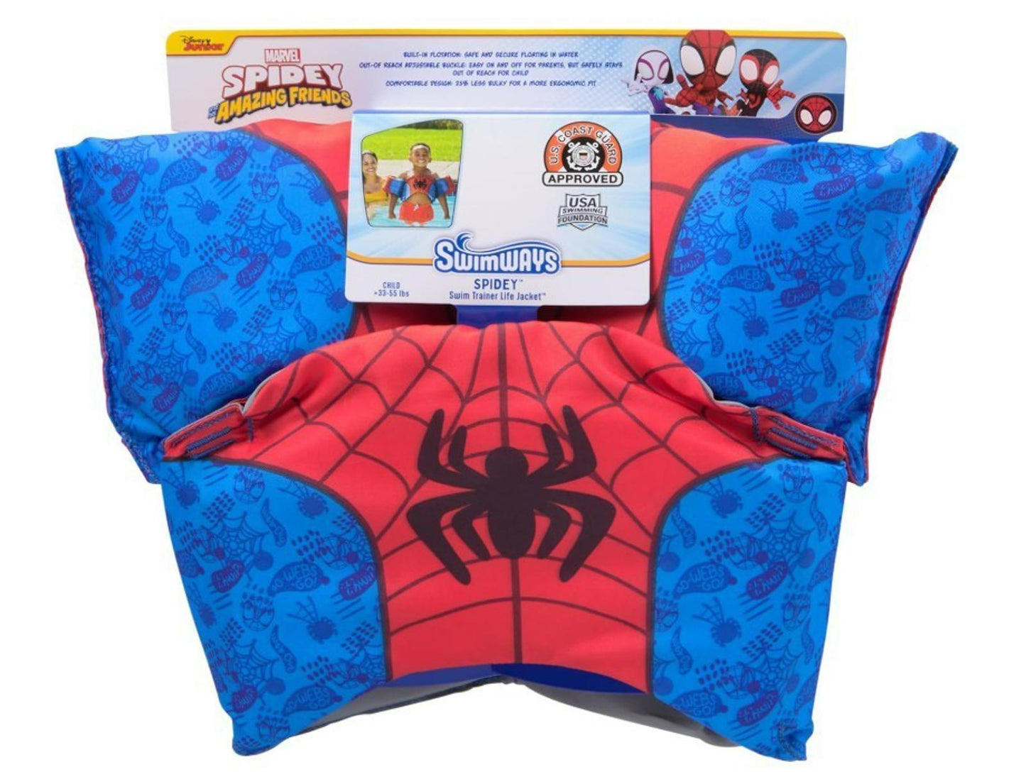 Spidey Swim School float featuring a red and blue design with Spider-Man graphics.