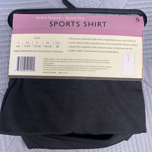 Sports shirt in black color with quick-dry fabric and size information on the tag.