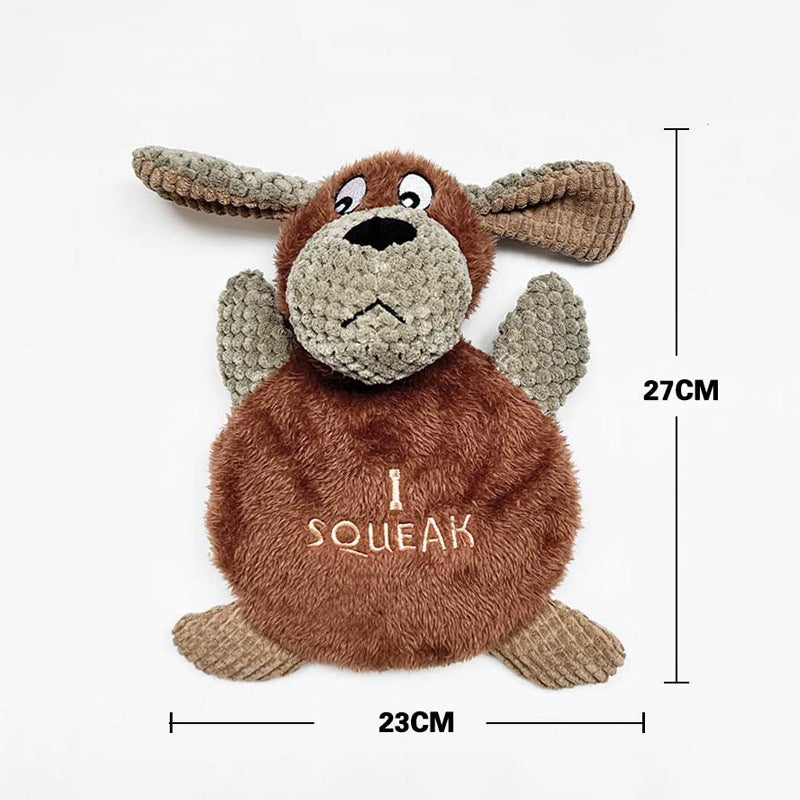 Squeaky dog toy featuring a brown plush design with floppy ears and a playful expression.