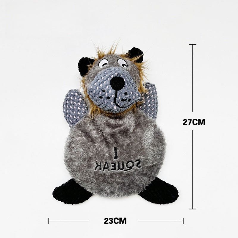 Squeaky plush toy for dogs featuring a gray lion design with floppy ears and a playful expression.