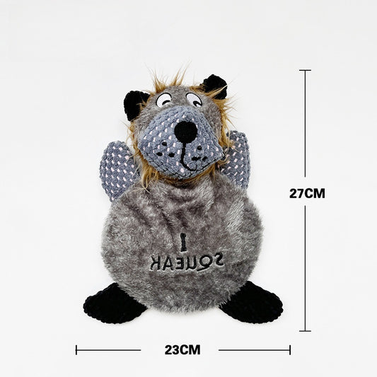 Squeaky plush toy for dogs featuring a gray lion design with floppy ears and a playful expression.