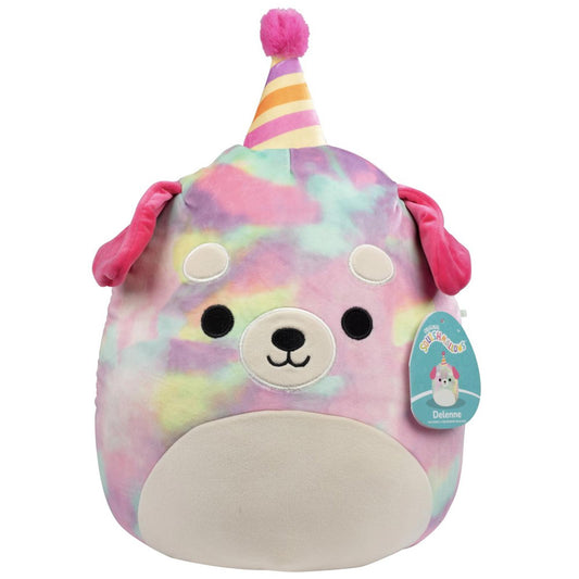 Squishmallow Dog Plush Toy with colorful pastel design and party hat.