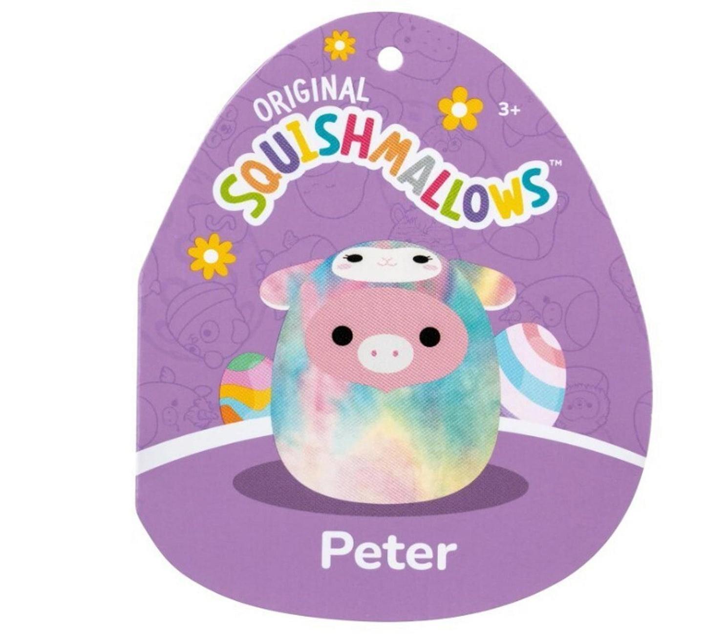Peter Squishmallow featuring a pastel tie-dye design with a cute pig face.
