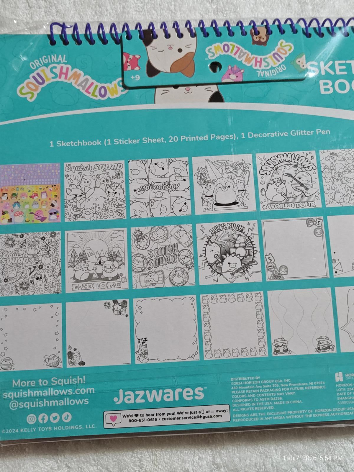 Squishmallows Sketch Book featuring 20 printed pages, sticker sheet, and decorative glitter pen.