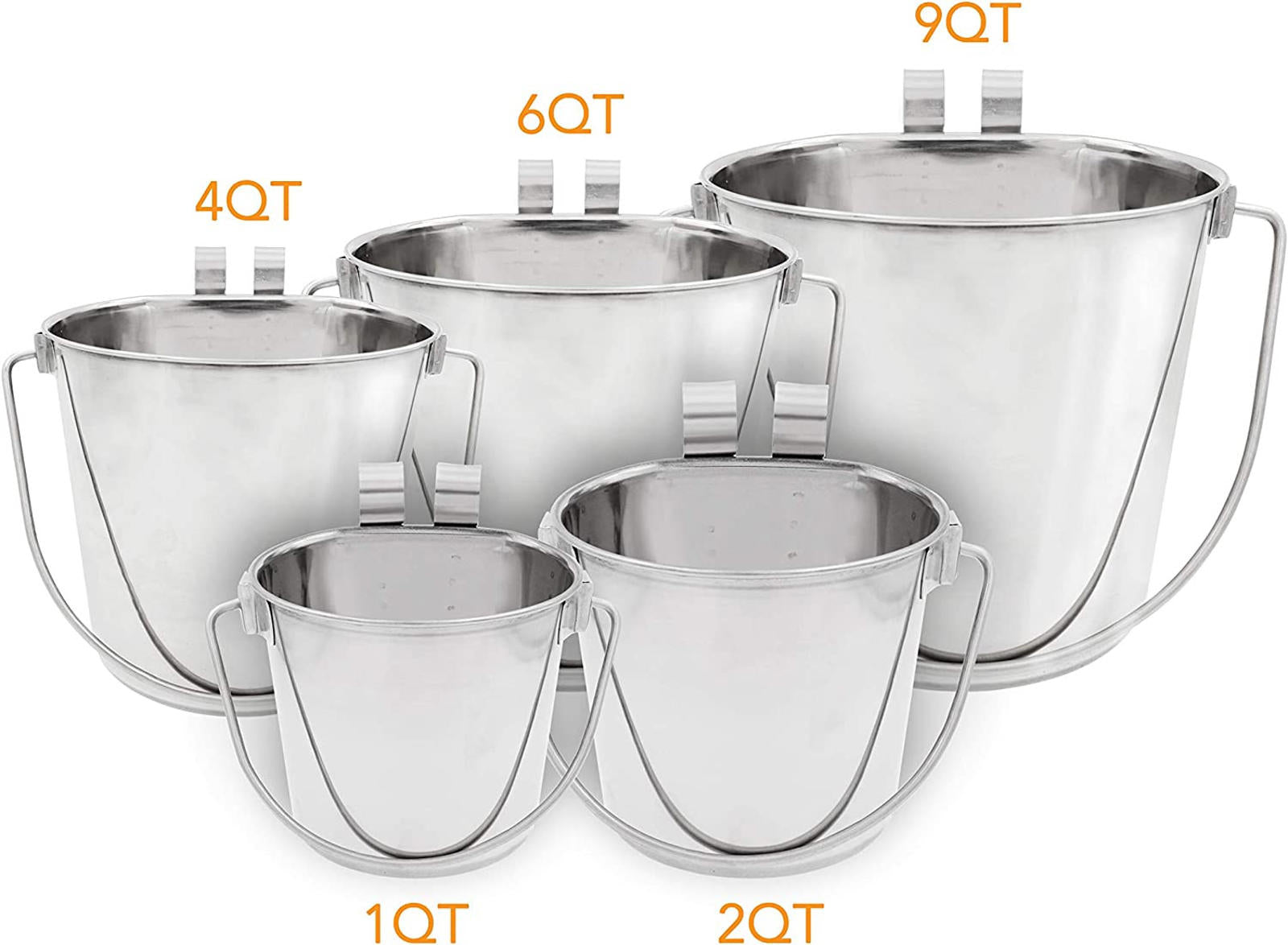 Stainless steel bucket set including 1QT, 2QT, 4QT, 6QT, and 9QT sizes for versatile use.
