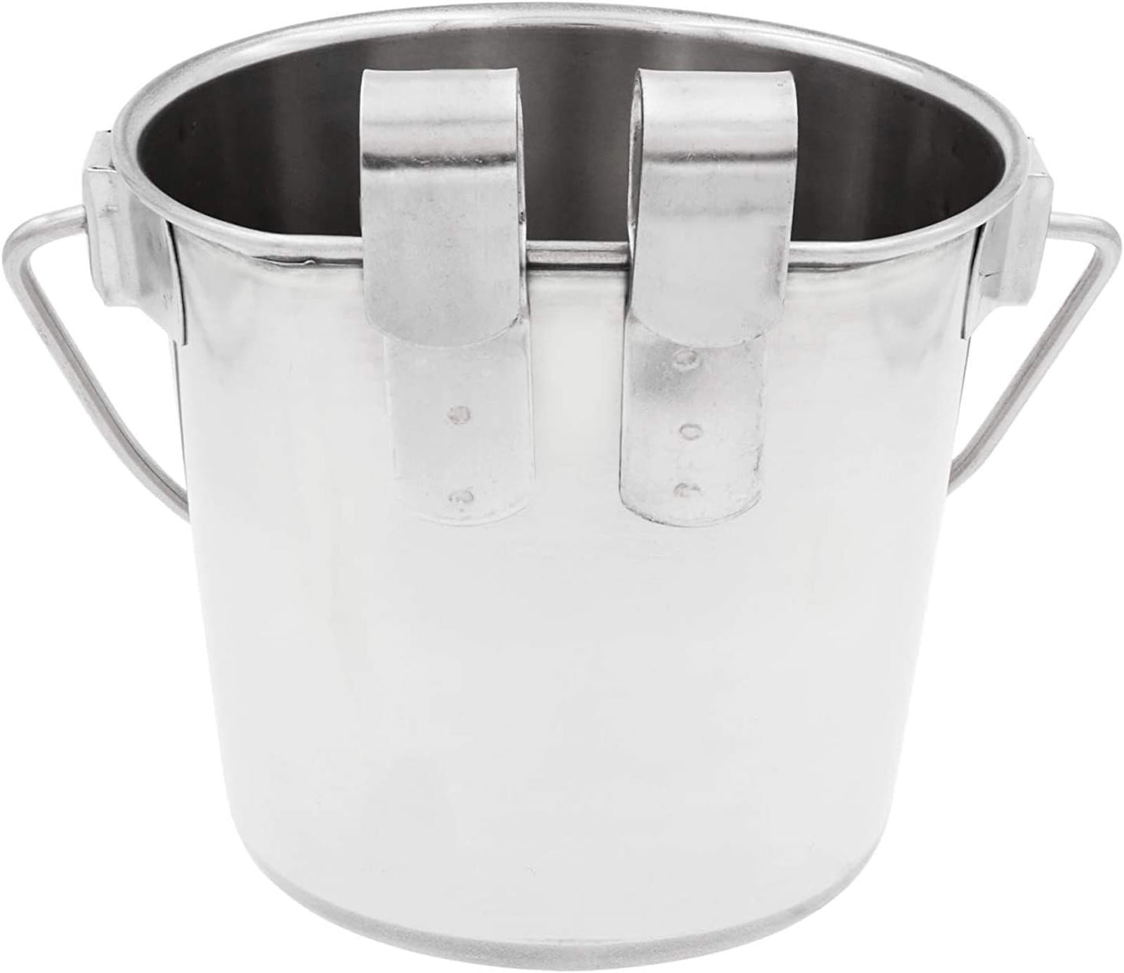 Stainless steel bucket with metal handles and a shiny finish.