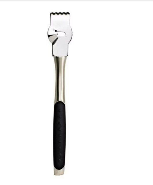 Stainless steel pizza cutter with a comfortable black handle.