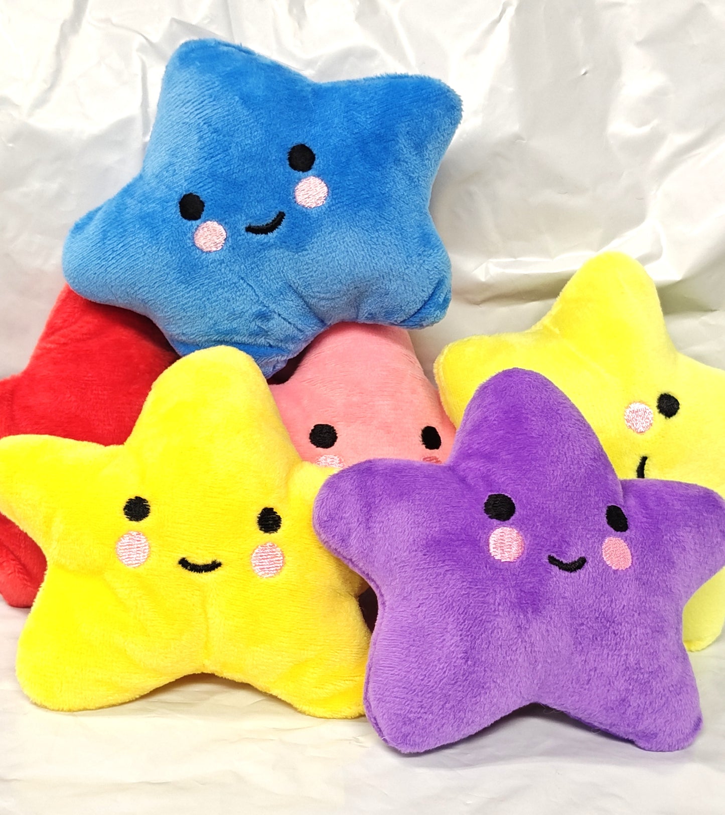 Star Plush Toy set featuring blue, red, pink, yellow, and purple colors with cute smiling faces.