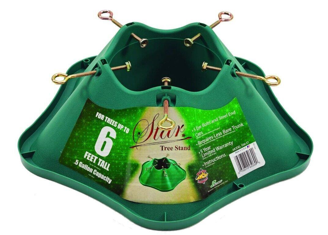 Star true north Christmas tree stand for 6 feet tall trees, featuring a sturdy green base and secure hooks.