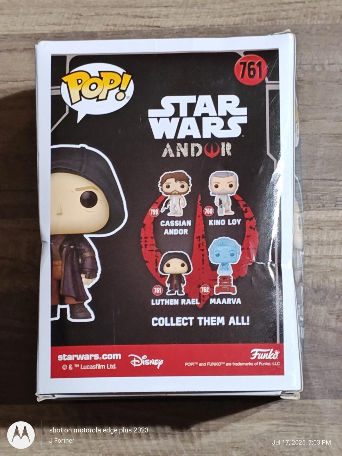 Star Wars Andor Funko Pop! figure featuring Cassian Andor in a black cloak.