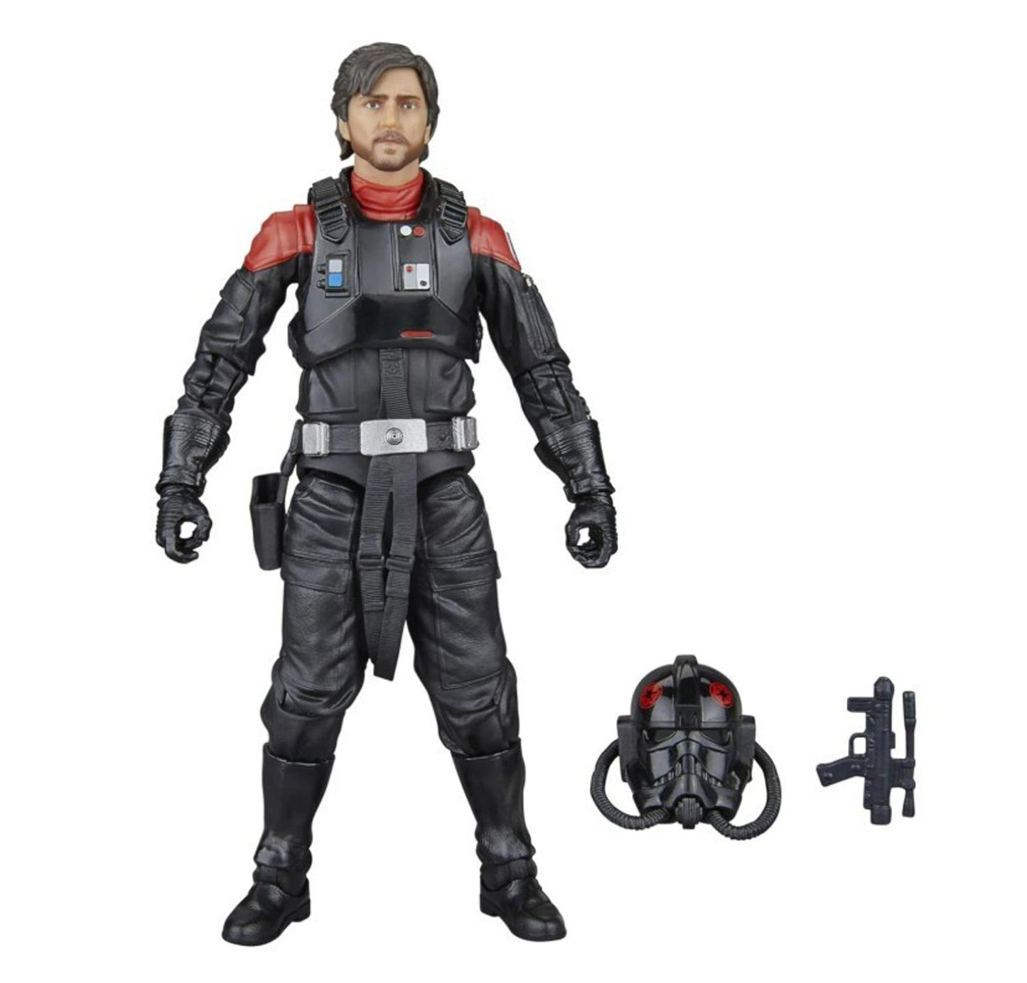 Star Wars Black Series Poe Dameron action figure in black and red uniform with accessories.