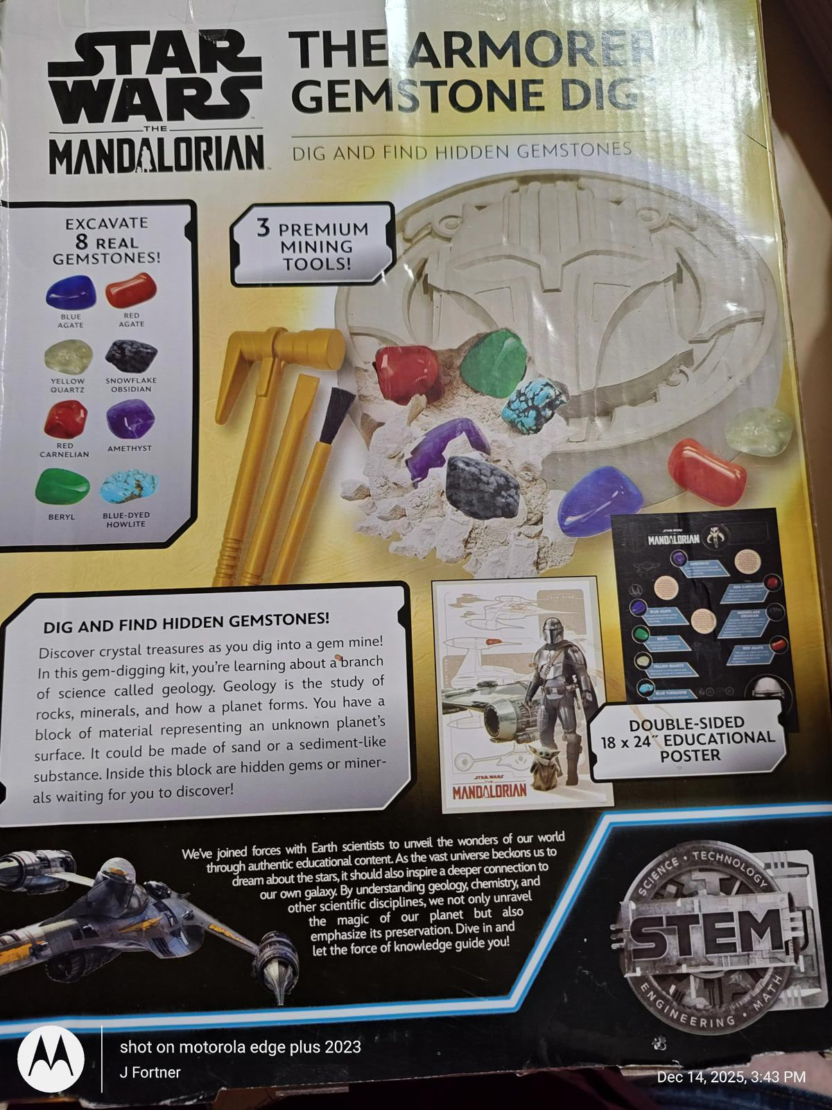 Star Wars Mandalorian Gemstone Dig kit with excavation tools and colorful gemstones.