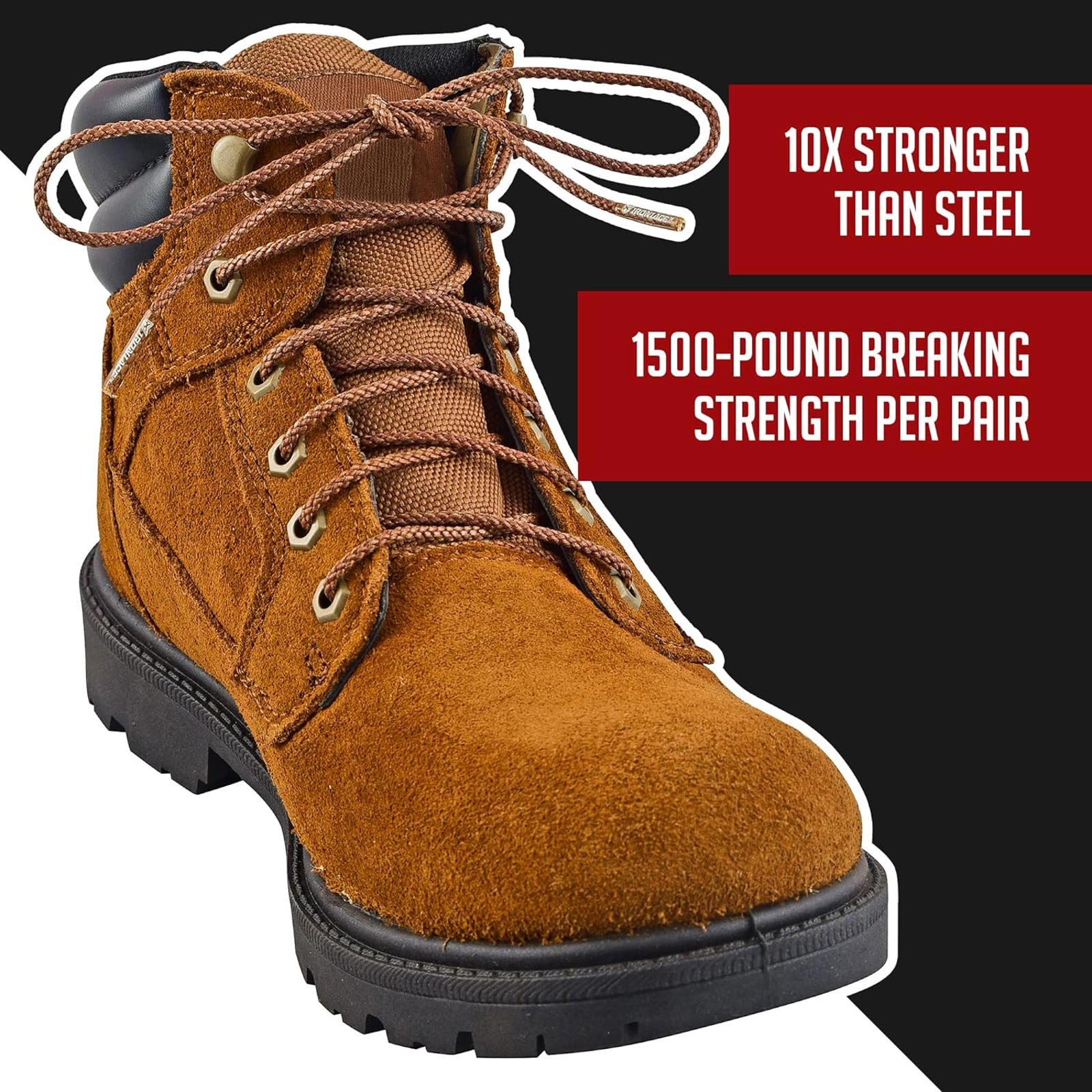 Steel Strong Work Boots feature a 1500-pound breaking strength and are 10x stronger than steel.