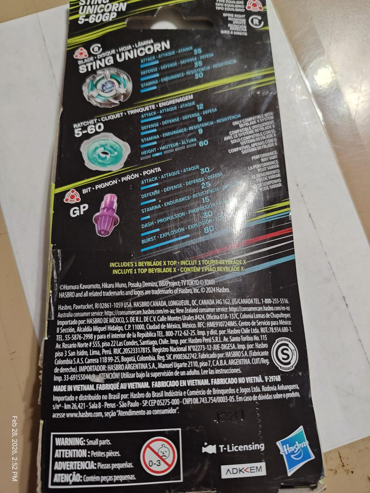 Sting Unicorn Beyblade with performance tips and specifications on packaging.