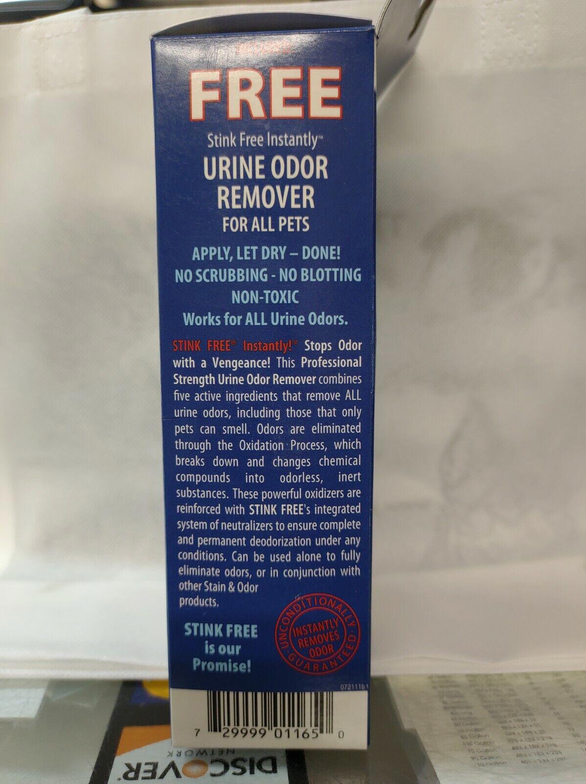 Stink Free Urine Odor Remover for all pets, featuring a blue box with instructions and a promise of effectiveness.