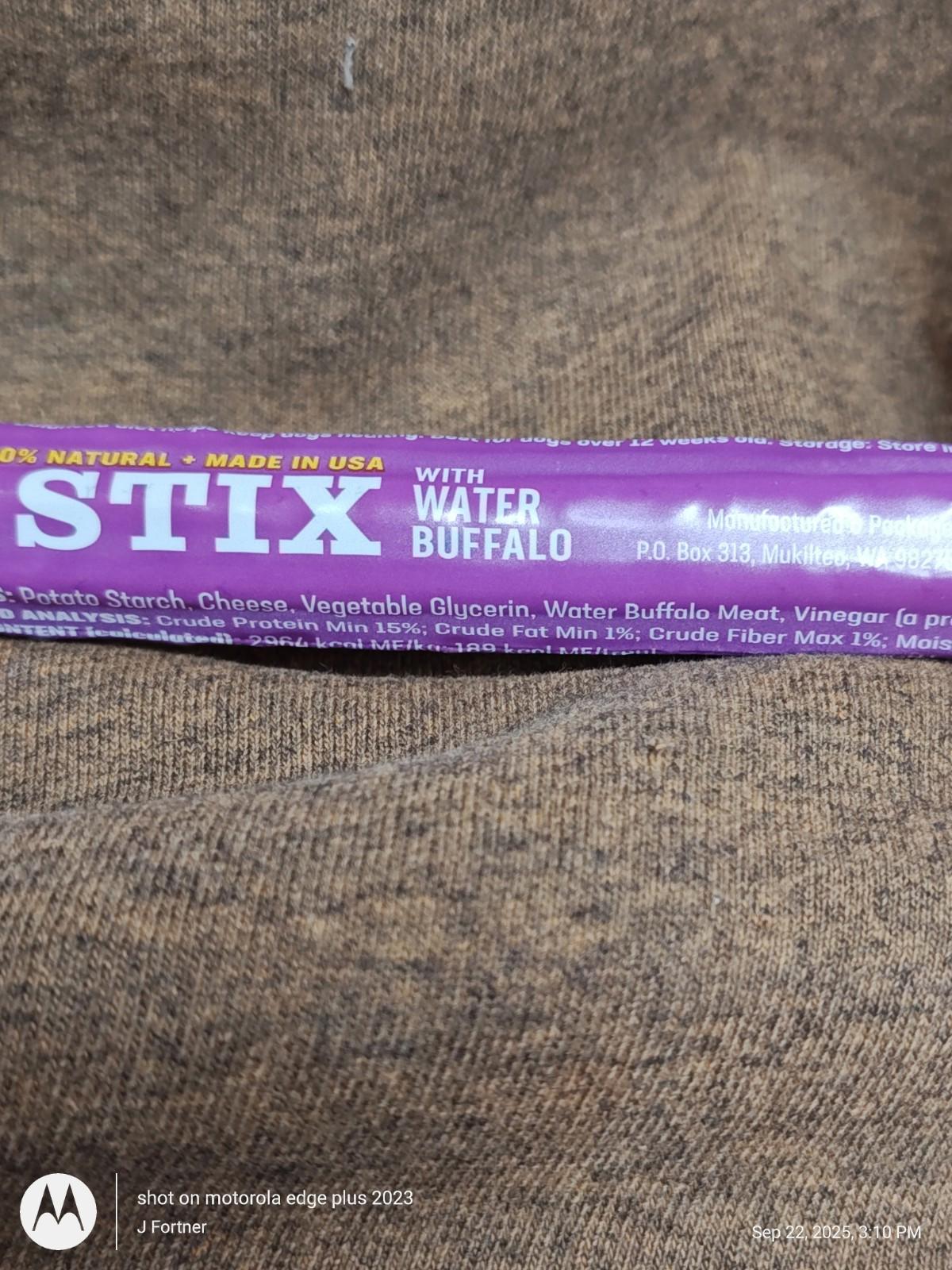 Stix with Water Buffalo features a purple packaging, highlighting its natural ingredients and made in USA.