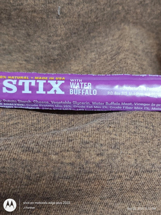 Stix with Water Buffalo features a purple packaging, highlighting its natural ingredients and made in USA.
