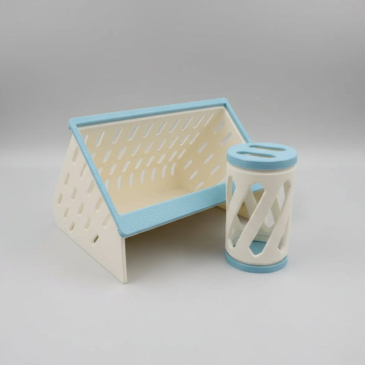 Storage Organizer Set featuring a blue and white design with a slotted shelf and a cylindrical container.
