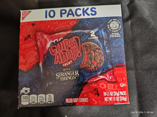Stranger Things Chips Ahoy! cookies pack featuring 10 individually wrapped filled soft cookies.
