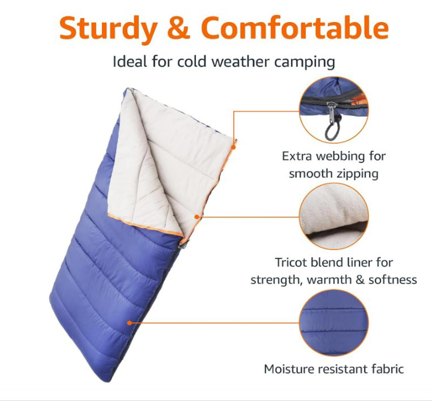 Sturdy & Comfortable sleeping bag with moisture resistant fabric and extra webbing for smooth zipping.