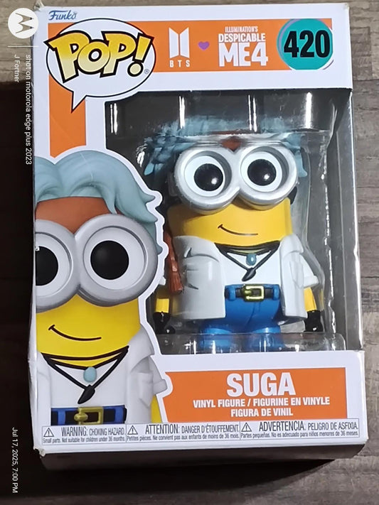 Suga Funko Pop! figure styled as a Minion from Despicable Me 4, featuring large glasses and a white outfit.