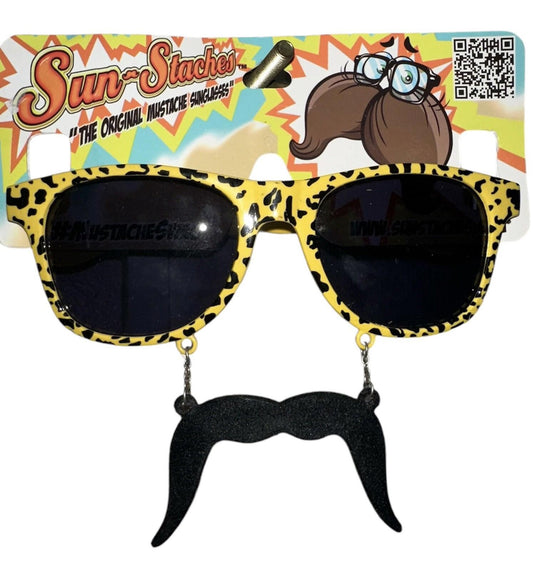Sun-Staches sunglasses with leopard print frame and attached black mustache.