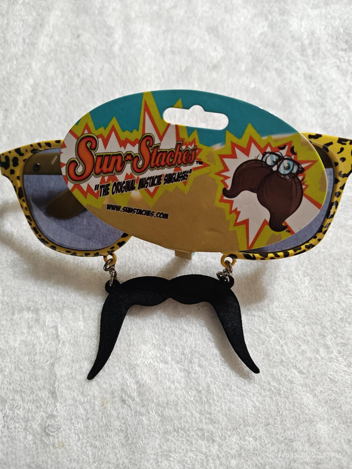 Sun-Staches sunglasses featuring a fun black mustache design and colorful frames.