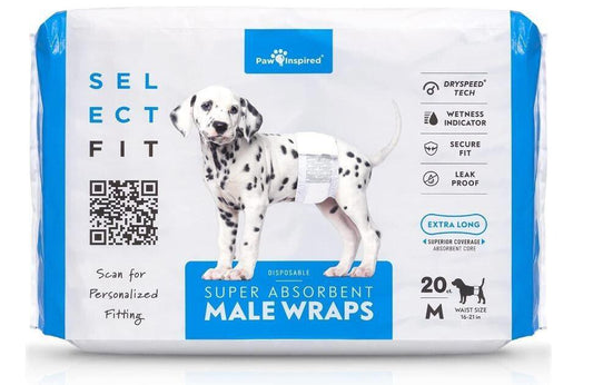 Super Absorbent Male Wraps for dogs, featuring a Dalmatian on the packaging, designed for personalized fitting.