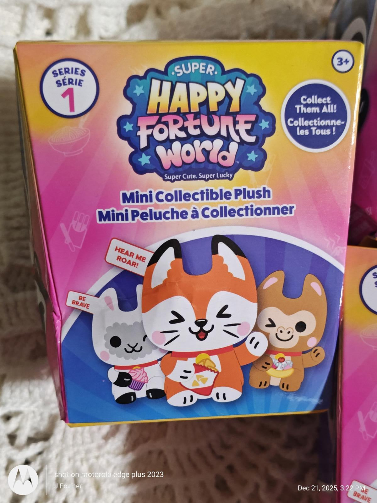Super Happy Fortune World mini collectible plush featuring cute animal designs in vibrant colors.