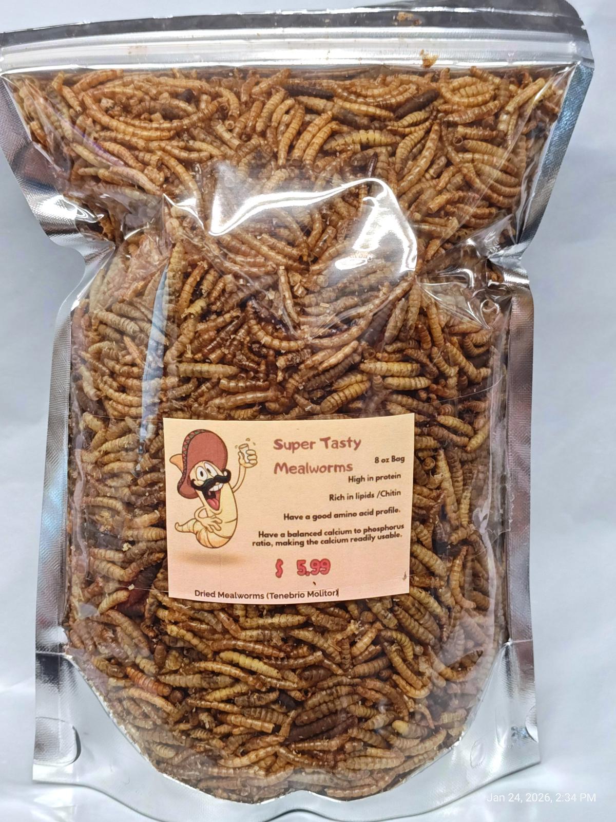 Super Tasty Mealworms in a clear bag, showcasing a rich brown color and crunchy texture.